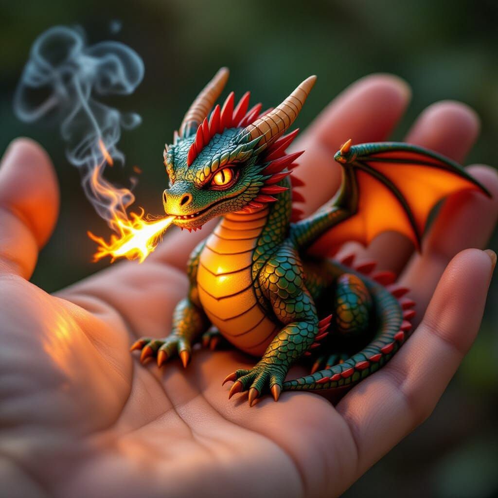 Photorealistic Miniature Dragon Breathing Fire in Hand