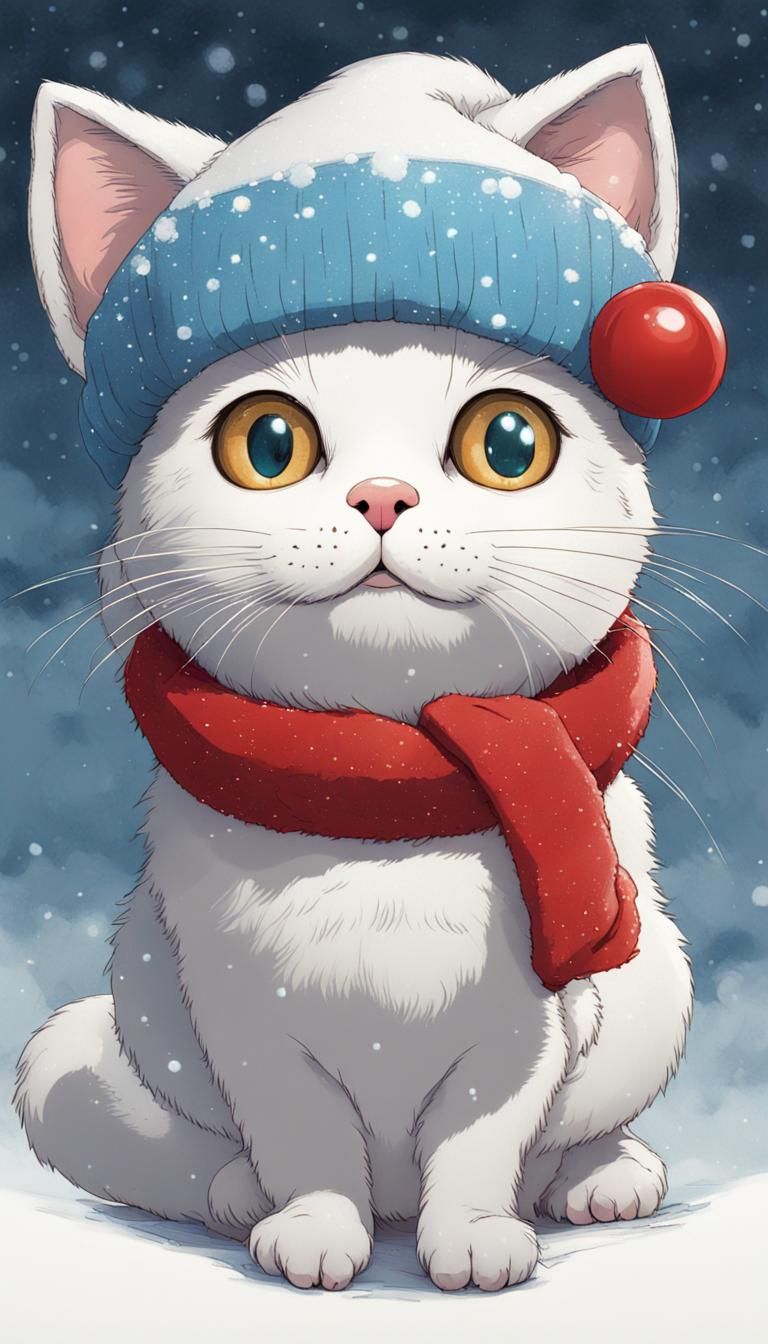 Personagem de desenho animado, um gato branco com um gorro n...