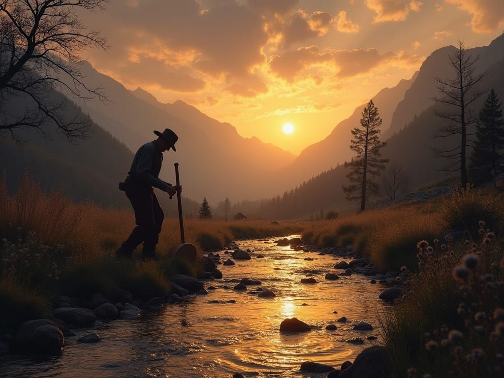 Prospector Searches for Gold in Misty Mountain Stream at Dus...