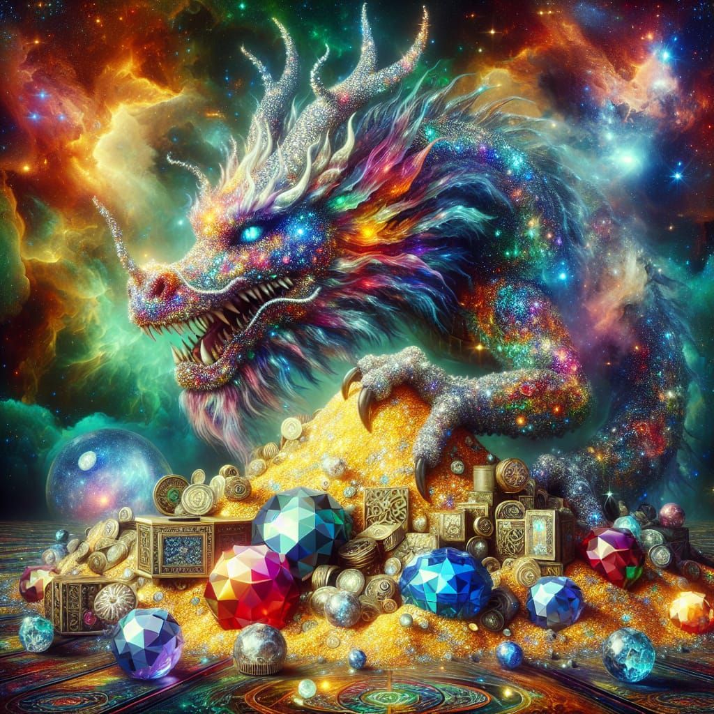 Mythical Jewel-Toned Dragon Guards Cosmic Treasure