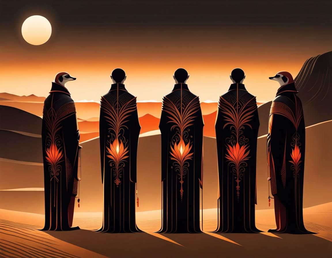 Meerkats Watching Desert Sunrise in Art Deco Style