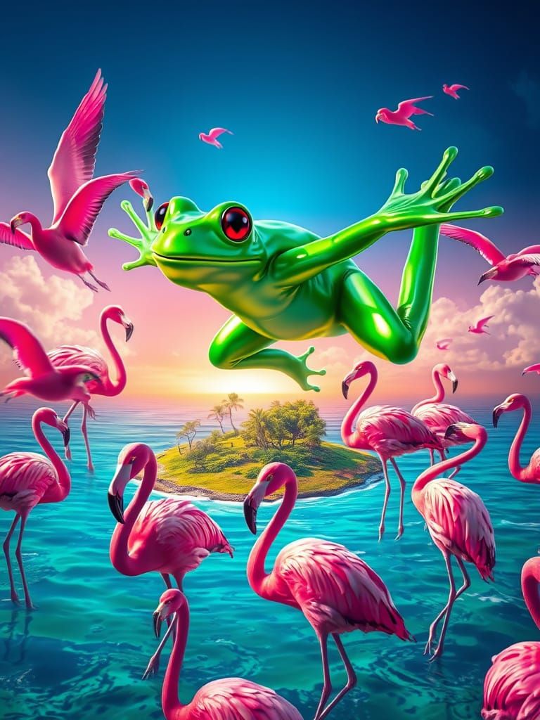 Melting Frog Woman Flies with Pink Flamingos