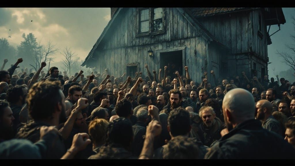 Angry Crowd Surrounds Rustic Home in Cinematic Lighting