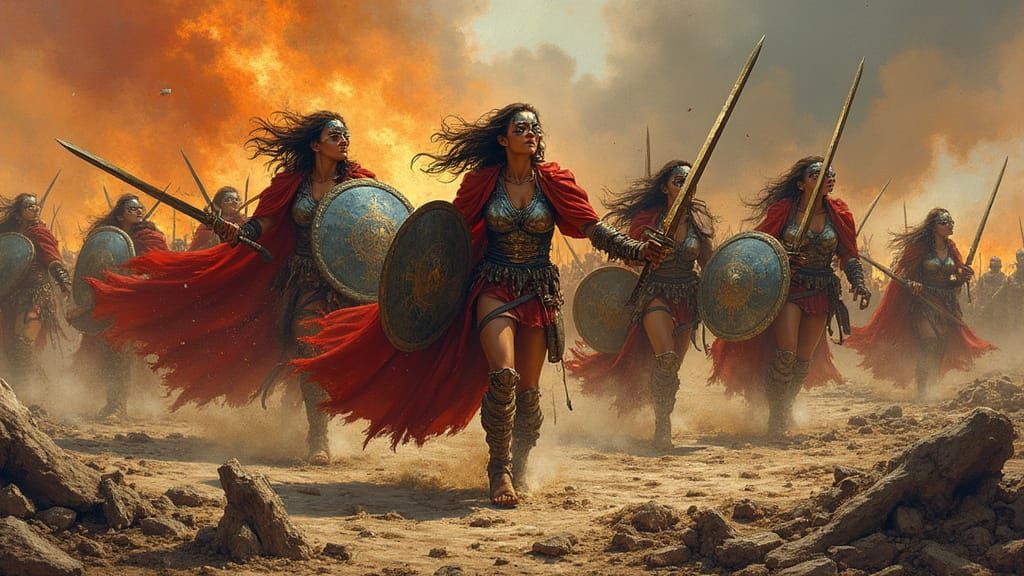 Heroic Female Warriors Clash in Epic Battle Scene