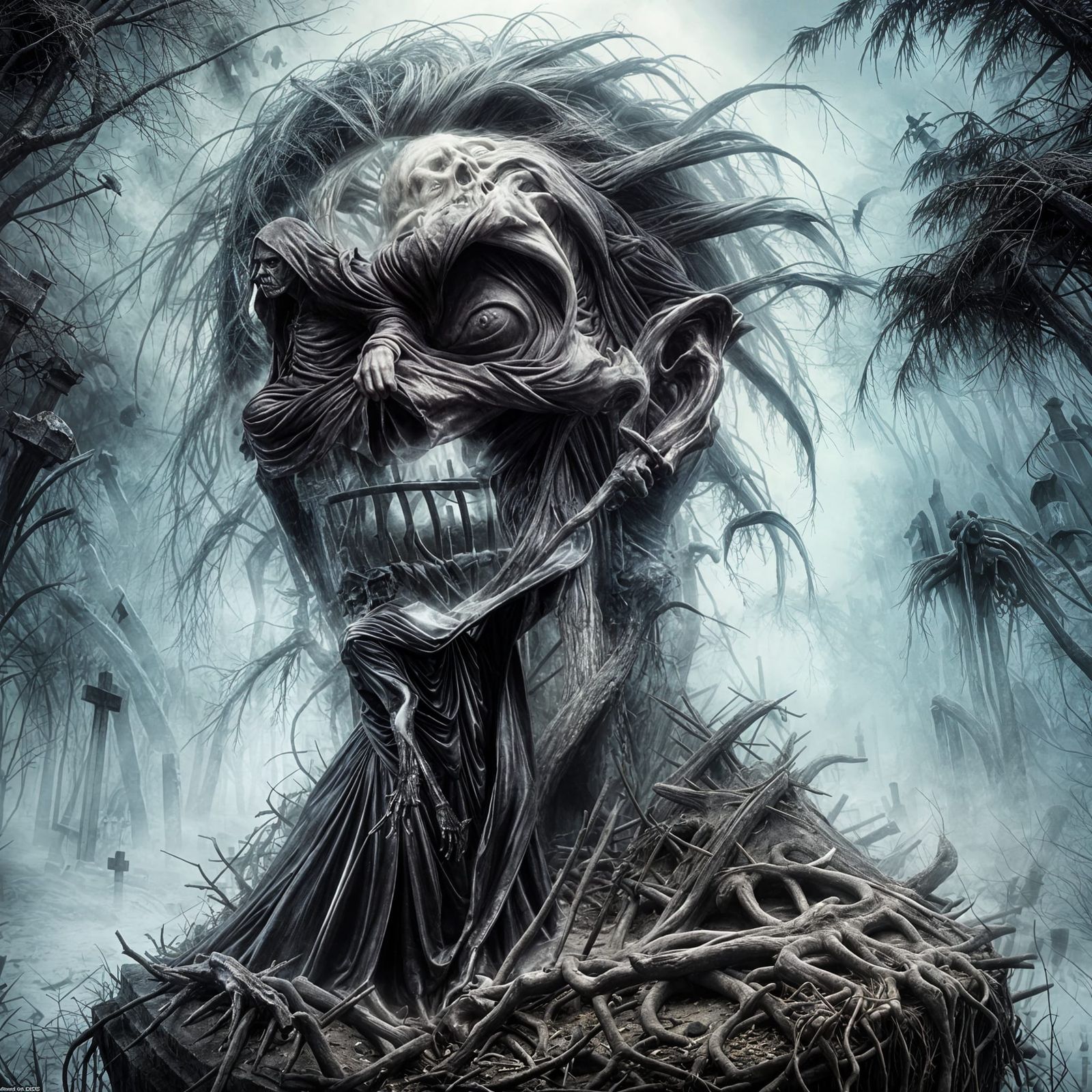 Grim Reaper Standing in a Haunted Graveyard Scene