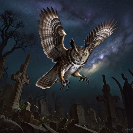Great Horned Owl Attacks Skeleton Warrior in Occult Graveyar...