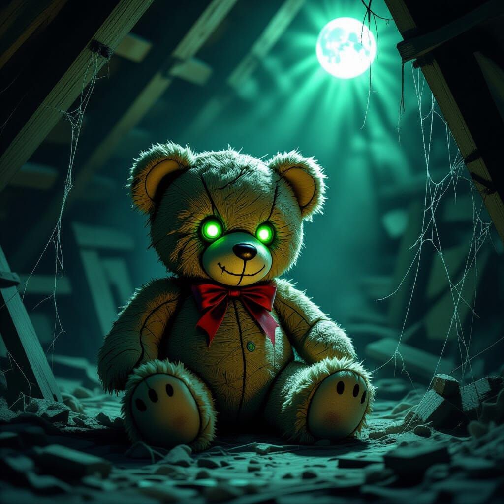 Menacing Teddy Bear in Eerie Attic Glow