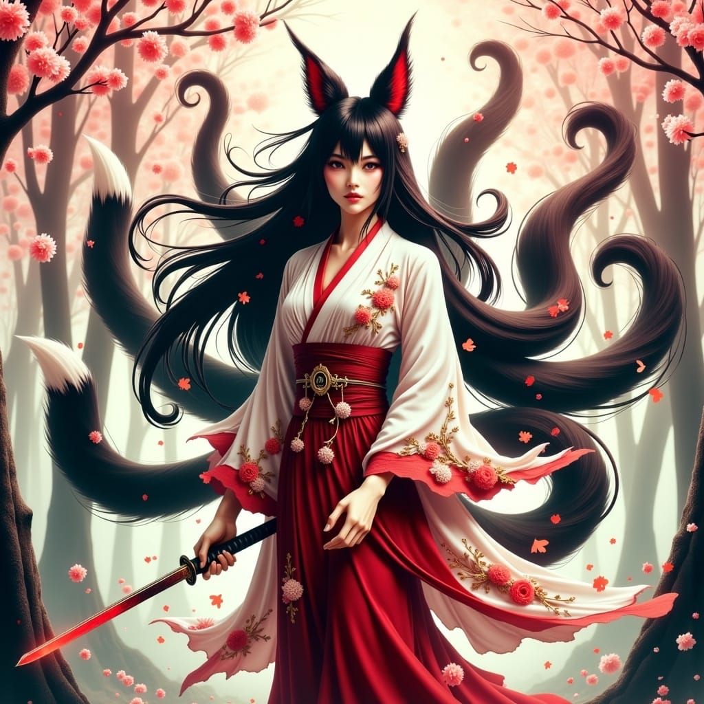 Majestic Kitsune in Resplendent Kimono, Cherry Blossom Fores...