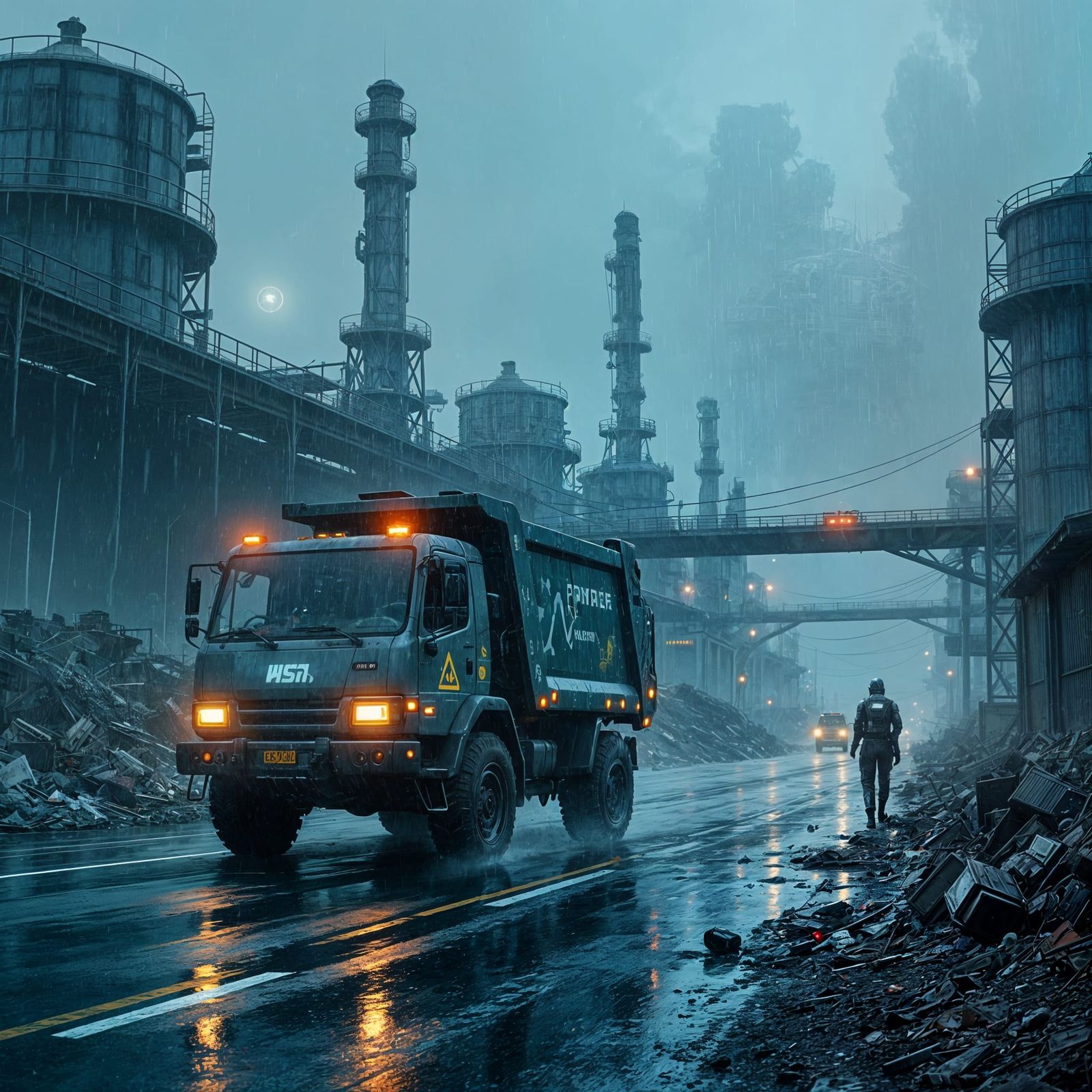 Futuristic Trash Truck in Dark Dystopian Cityscape