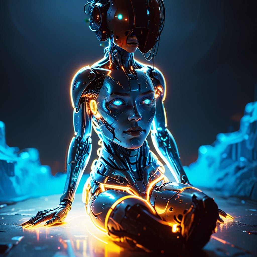 Neon-Lit Cybernetic Face in Dark Futuristic Style