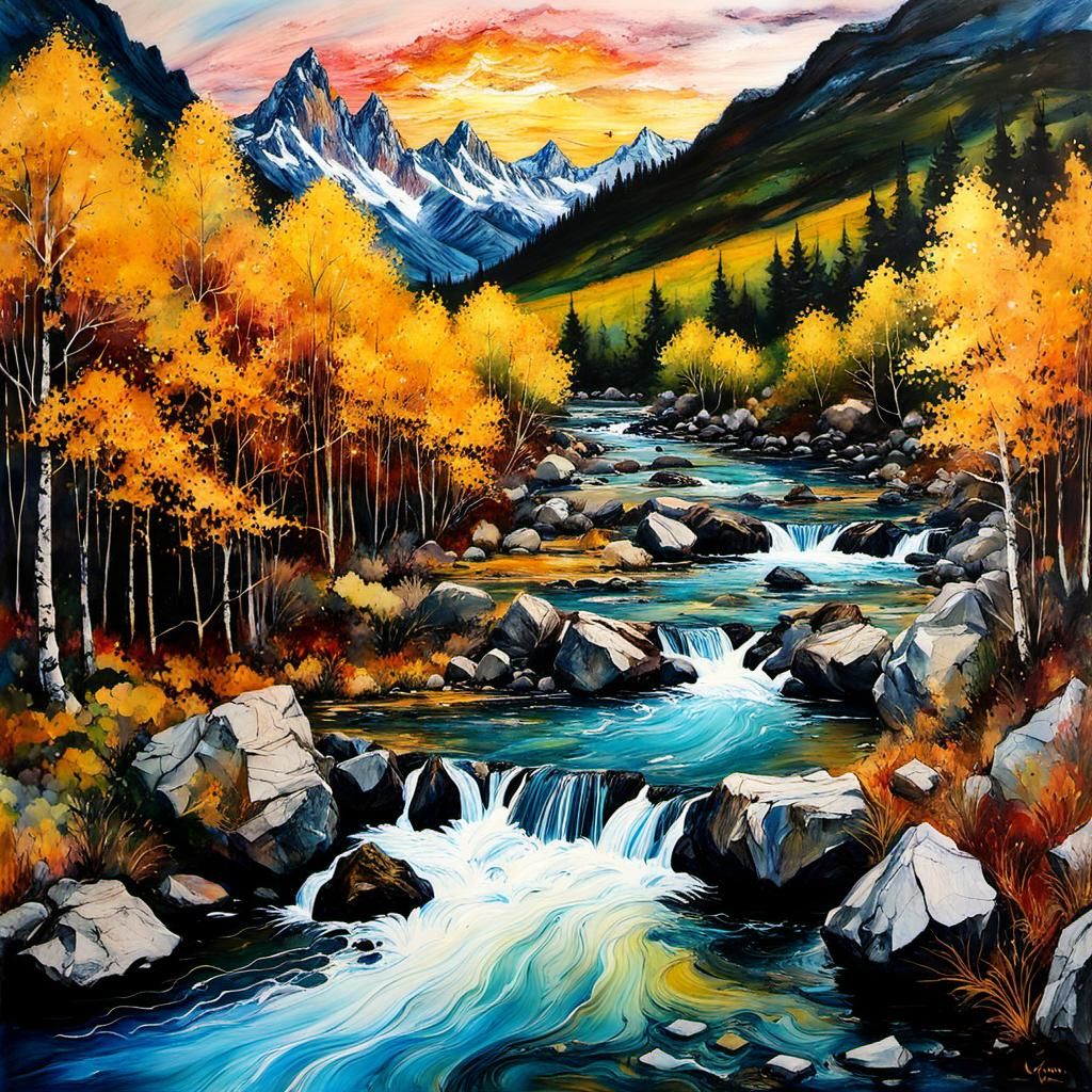 Encaustic Mountainscape Inspired by Van Gogh