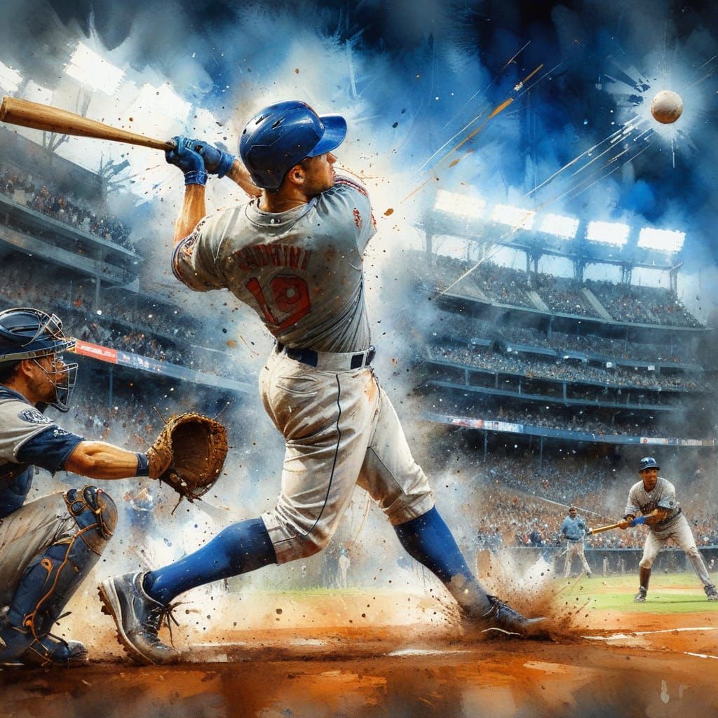 Baseball Player Hits Ball in Detailed Watercolor Painting