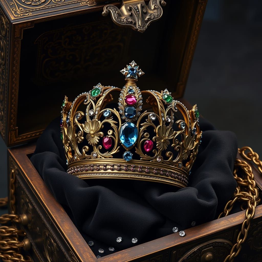 Luxurious Crown in Treasure Chest with Golden Filigree