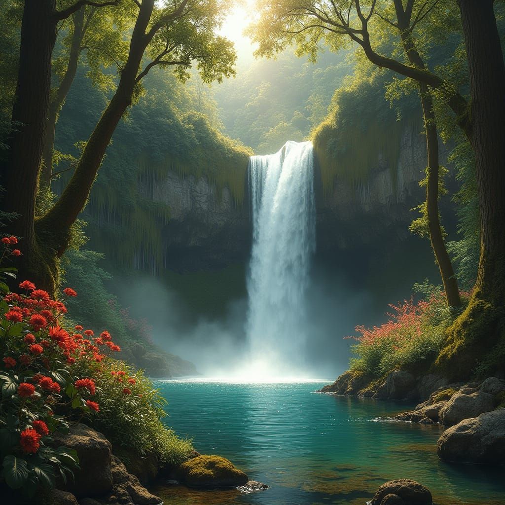 Majestic Waterfall in a Hidden Valley, Inspired by 19th-Cent...