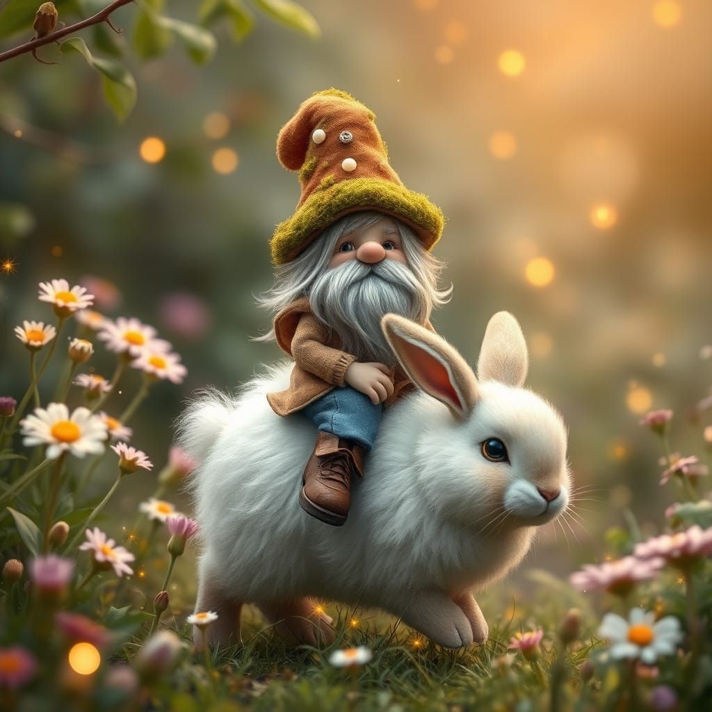 Whimsical Gnome Rides Bunny in Enchanted Garden