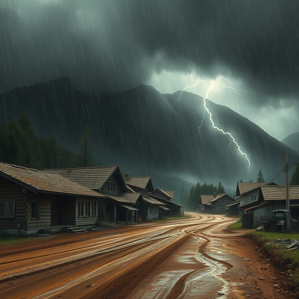 Ravaged Rural Mountain Town in Turbulent Storm