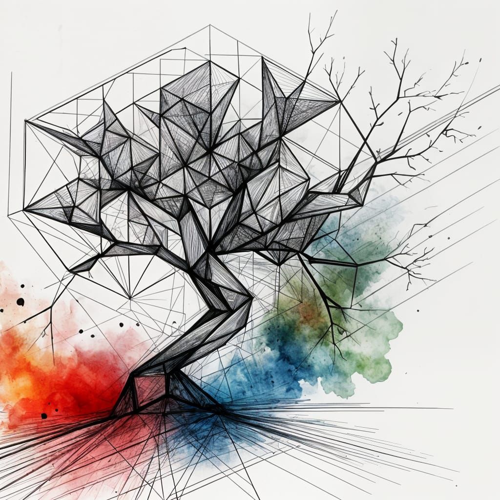 Geometric Tree with Watercolor Accents