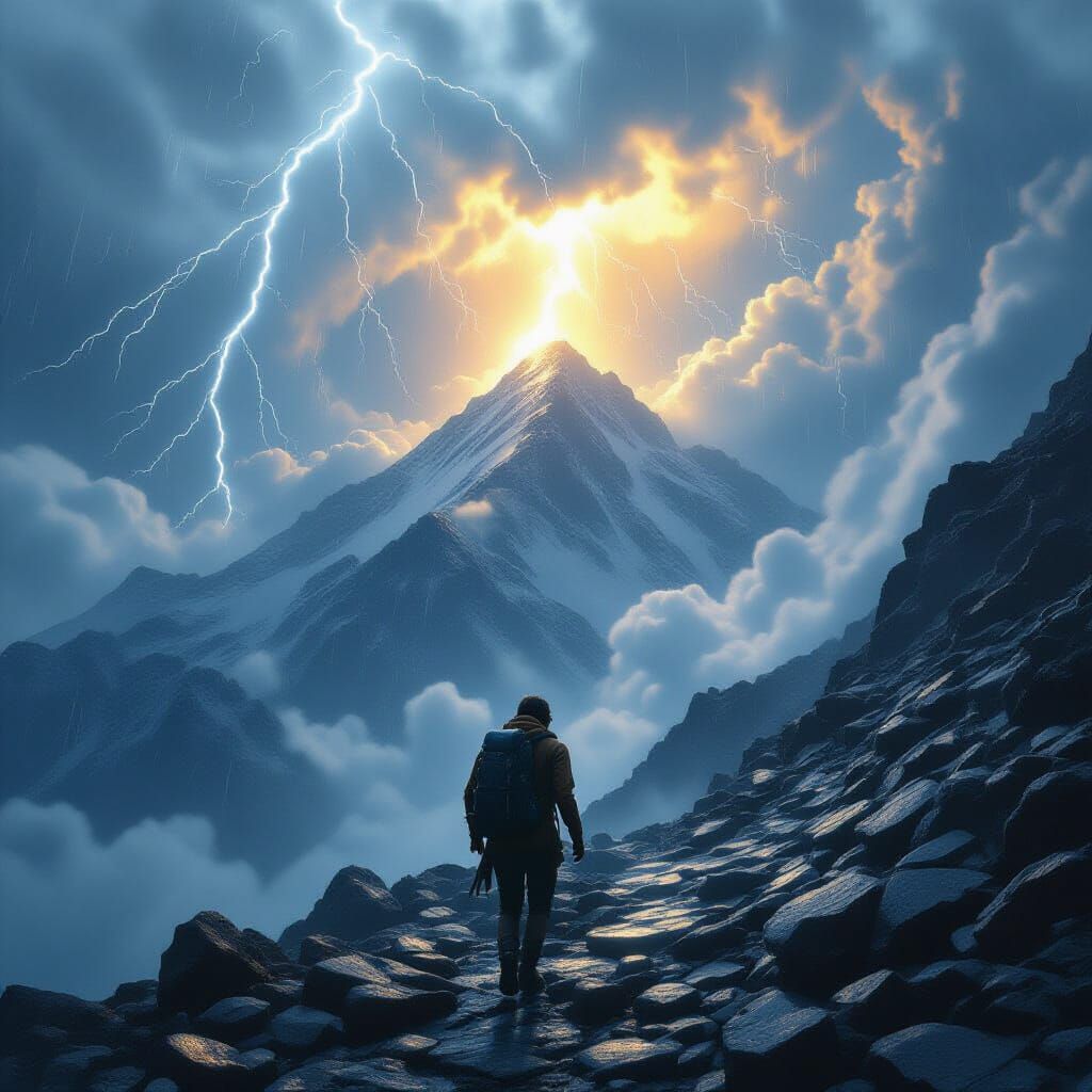 Lone Traveler Ascends Stormy Mountain Towards Golden Light