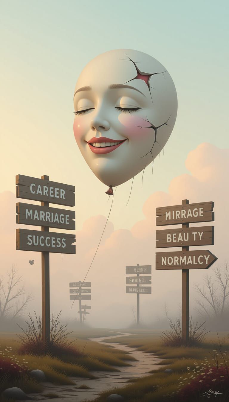 Weary Balloon Head Floats in Foggy Sky