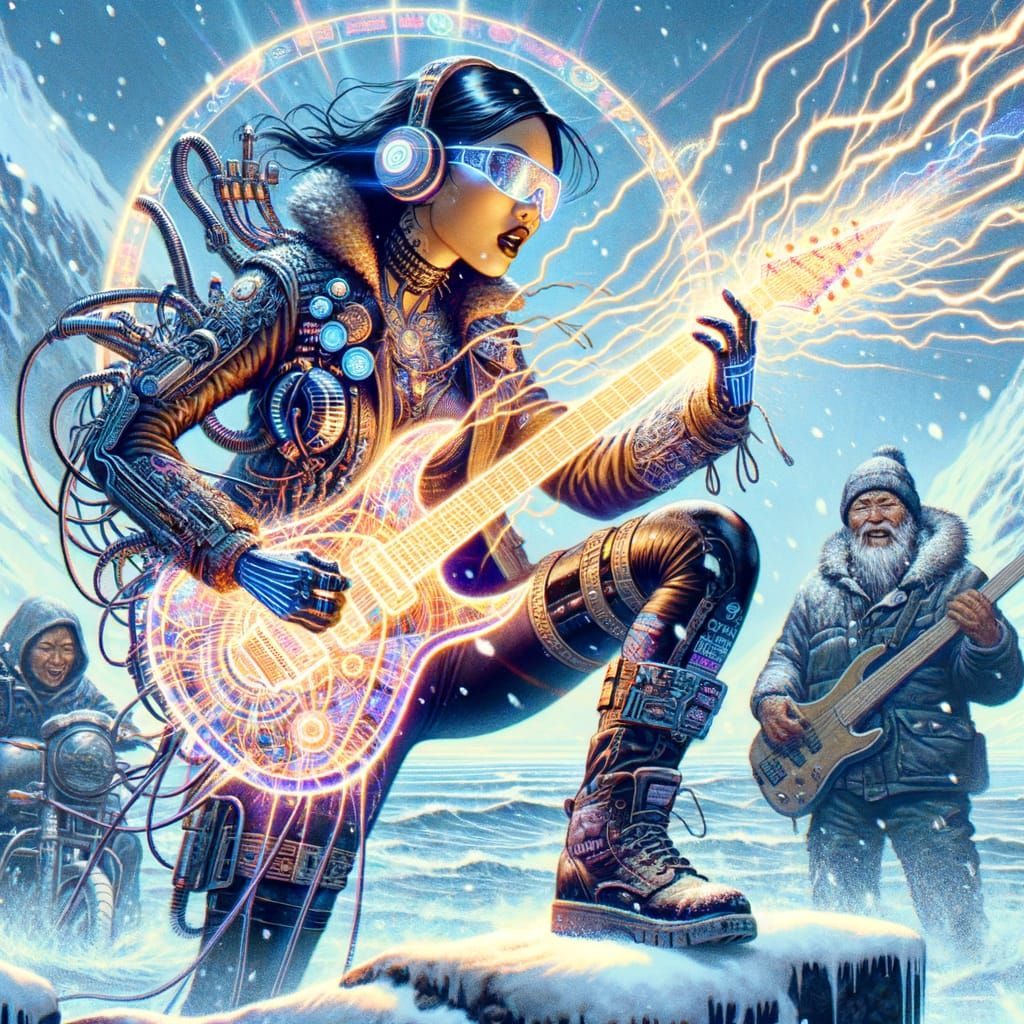 Cyberpunk Asian Guitarist Wielding Electric Energy