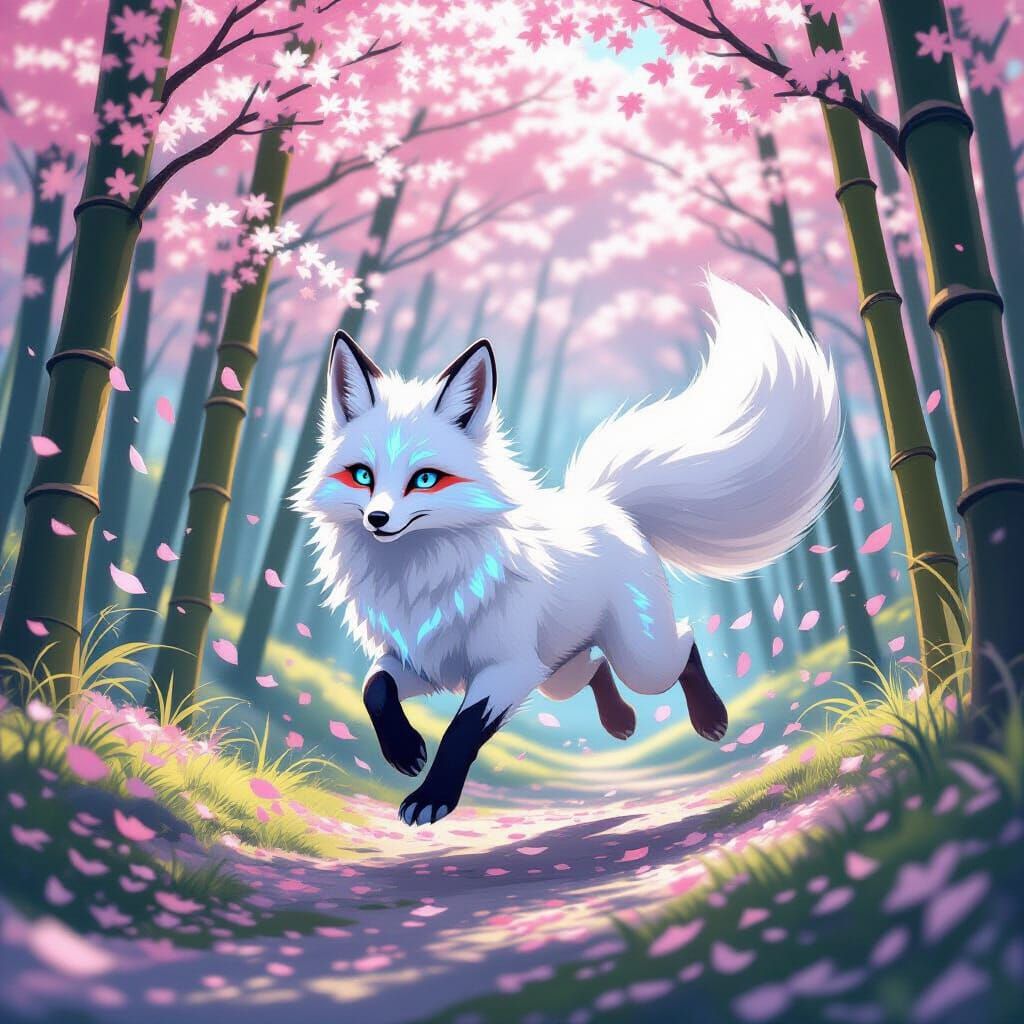 Fox Spirit Leaps Through Japanese Cherry Blossom Forest