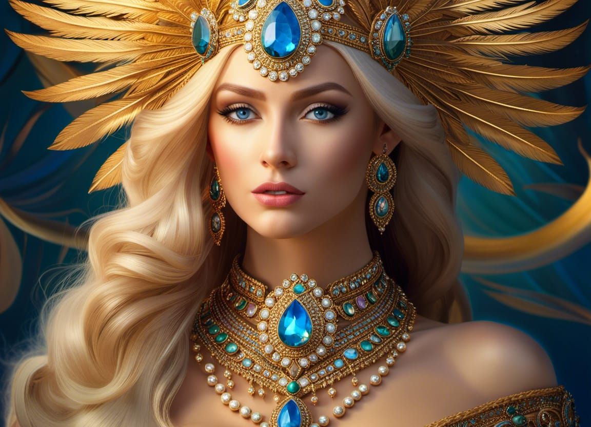 Portrait of Beautiful Gorgeous Caucasian Queen of Gold and Jewels- 3696
