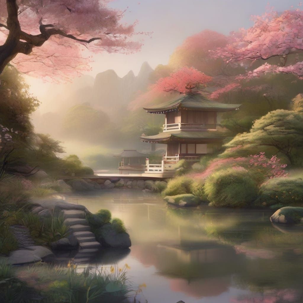 Tranquil Japanese Garden at Dawn in Watercolor Style