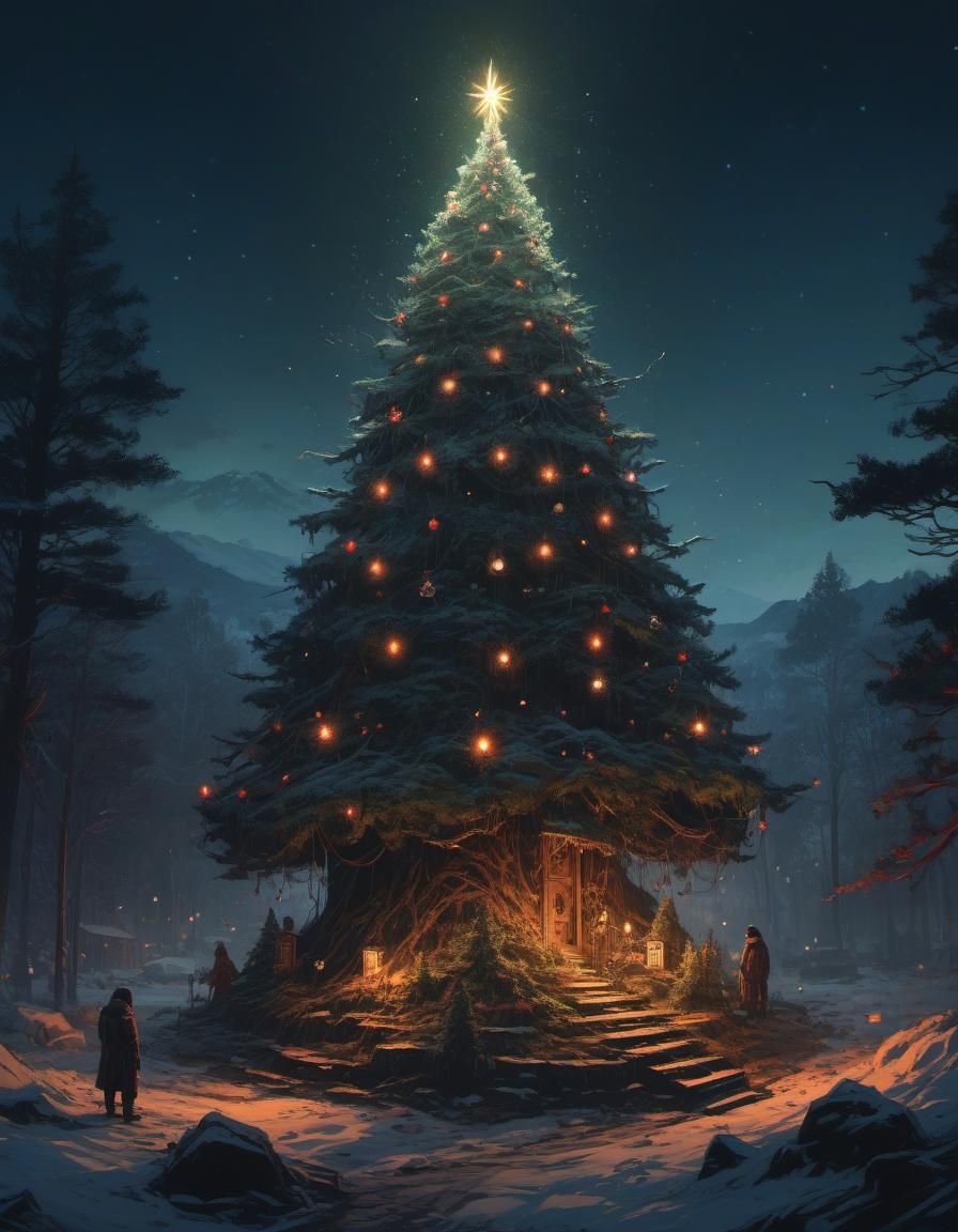 Surreal Christmas Tree in Dark, Detailed Style