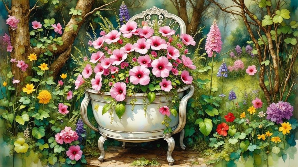 Pink Petunias in White Planter in Whimsical Style