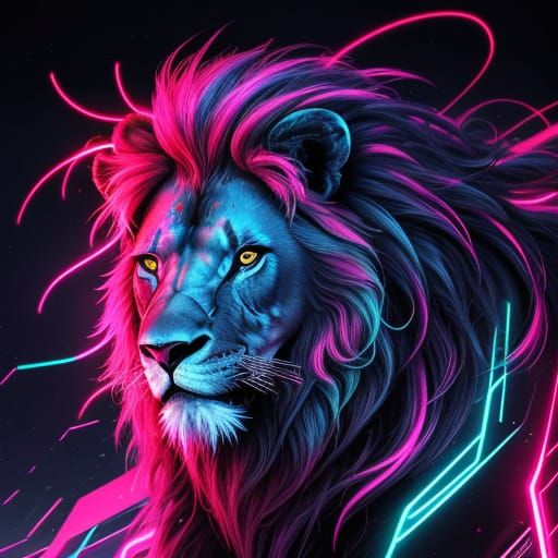 Neon Lion of Pulsing Light in Cyberpunk Style