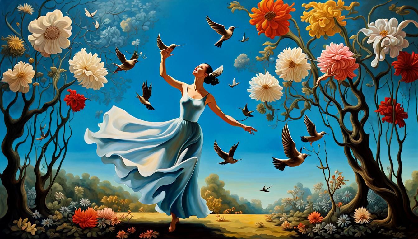 Woman dances for the birds and flowers
