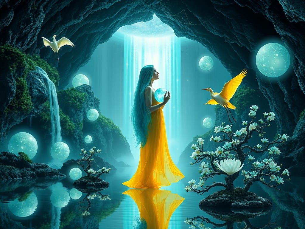 Celestial Woman with Turquoise Sphere in Astral Cave