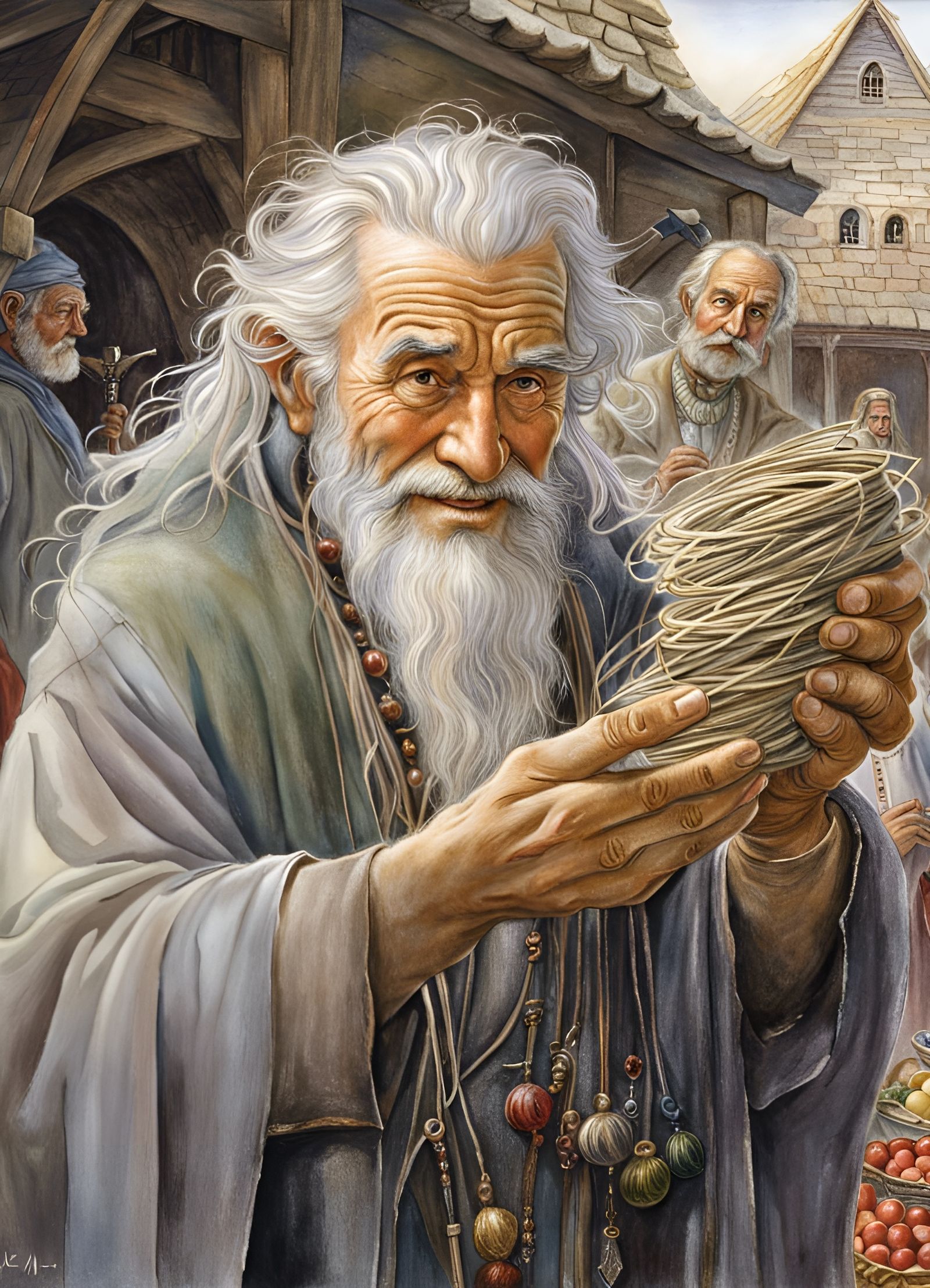 Smiling Old Man Trader in Medieval Market Square