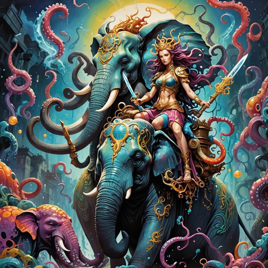 Goddess Riding Bioluminescent Octopus Elephant in Graffiti A...
