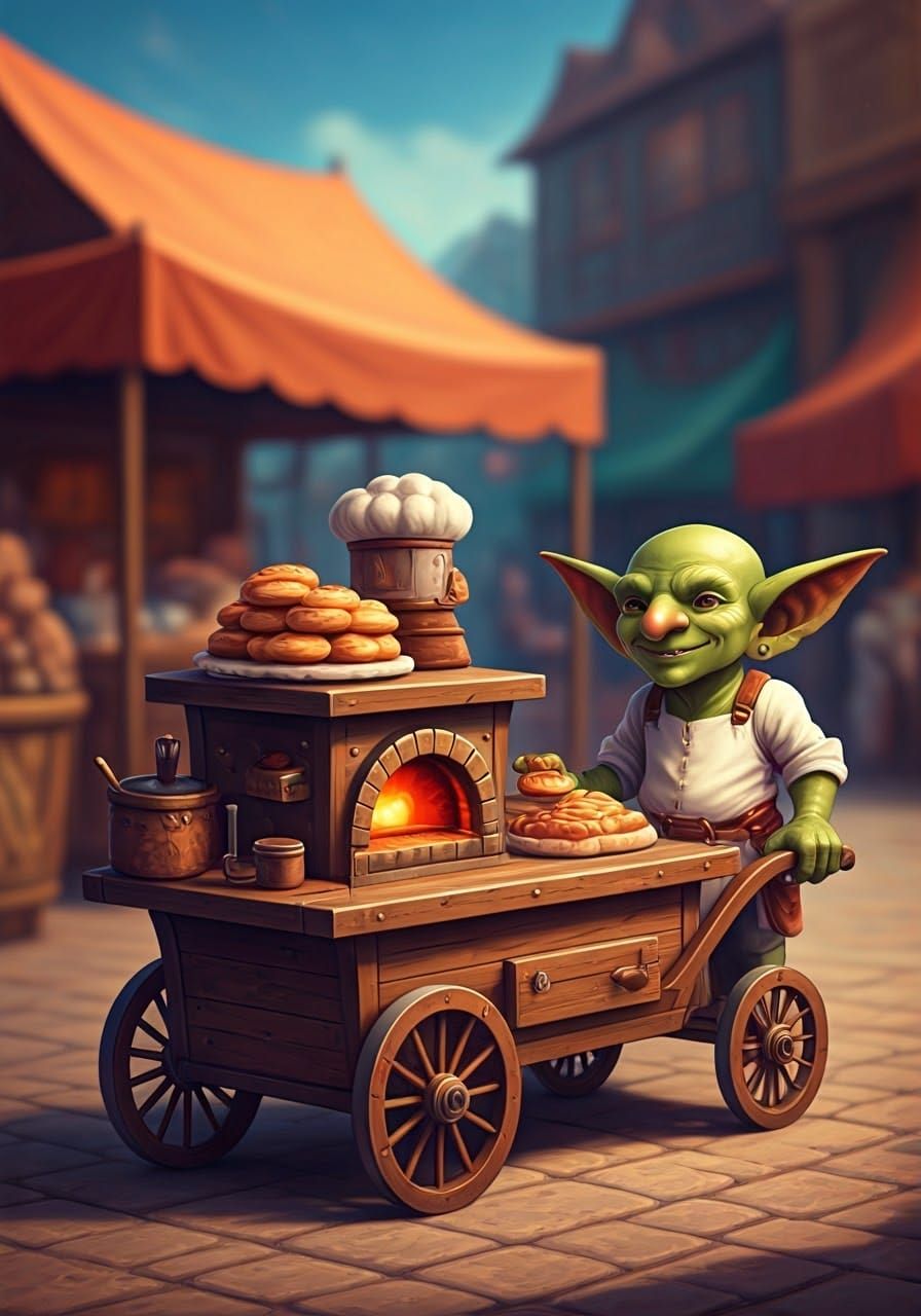 Happy Goblin Baker Selling Pastries in Marketplace