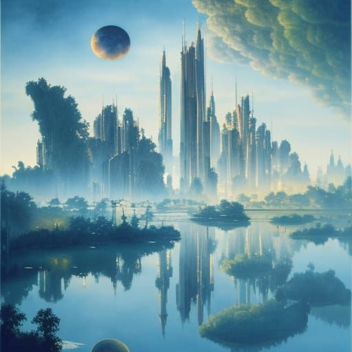 Earthrise Reflection: Hyperdetailed Biosphere Skyline in Oil