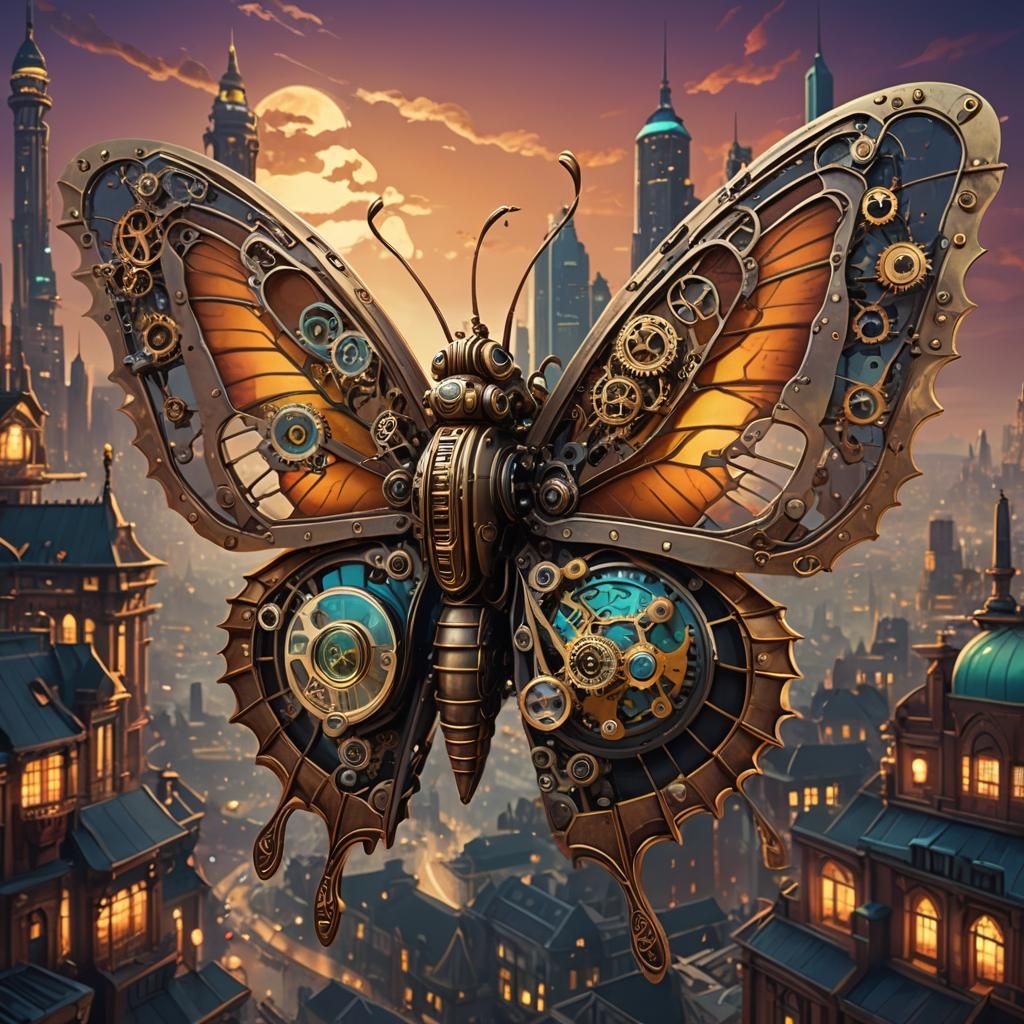 Steampunk Butterfly over Futuristic Cityscape