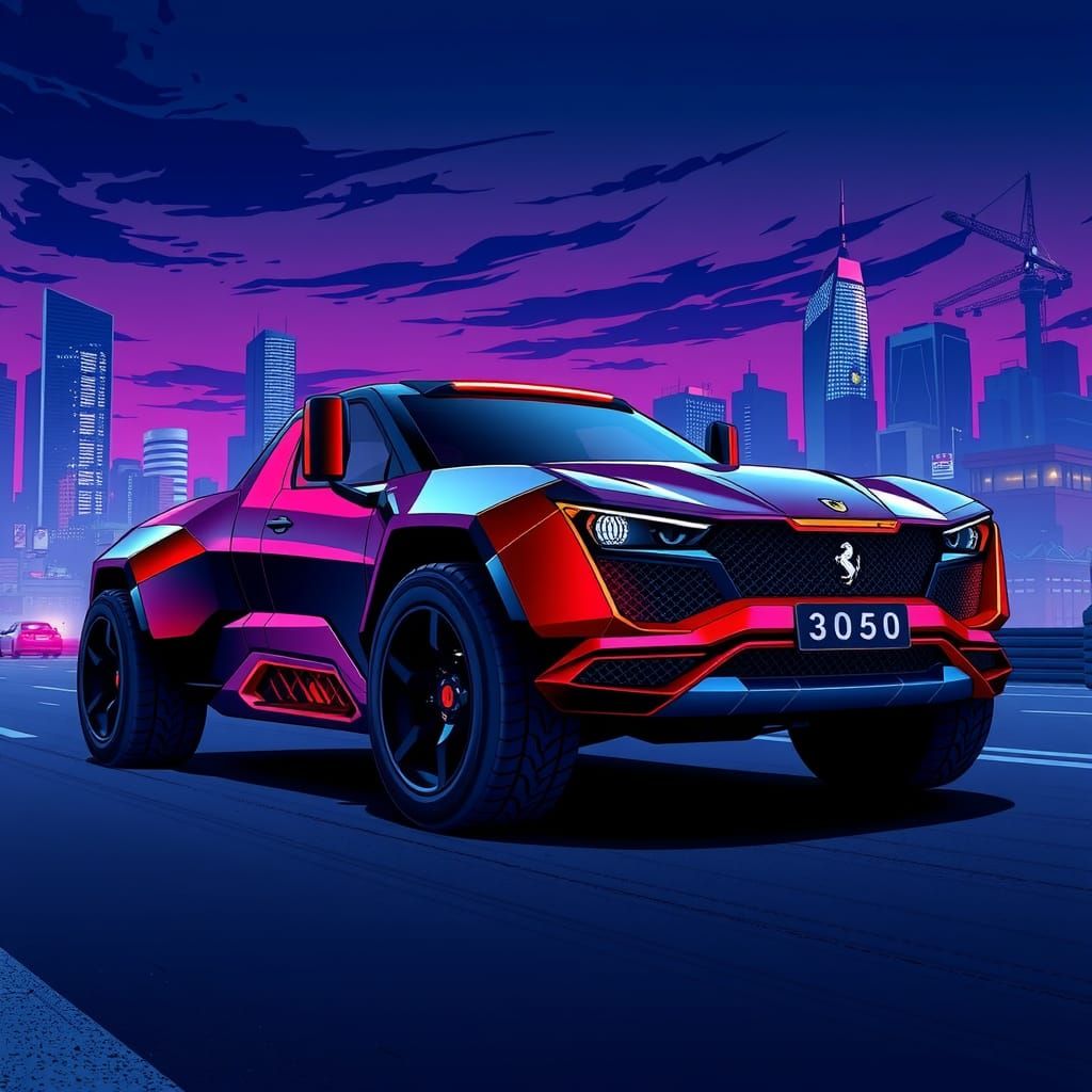 Futuristic Ferrari F-150 Truck in Anime Cityscape