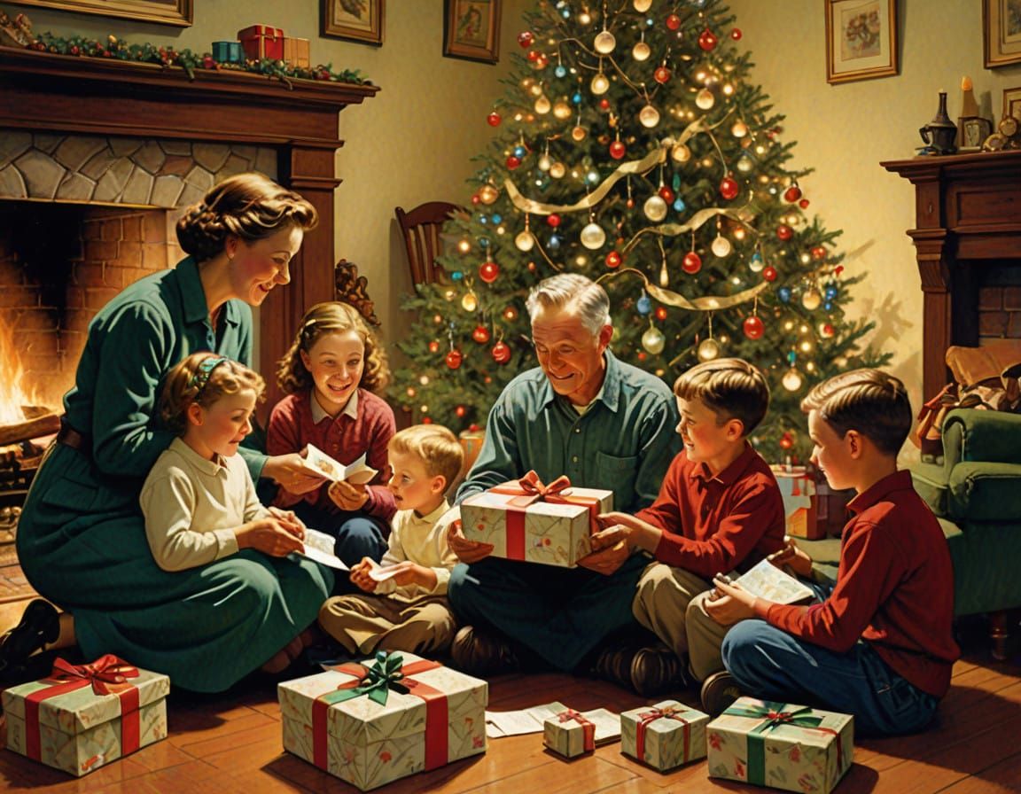 Joyful Christmas Family Scene in Warm Norman Rockwell Style