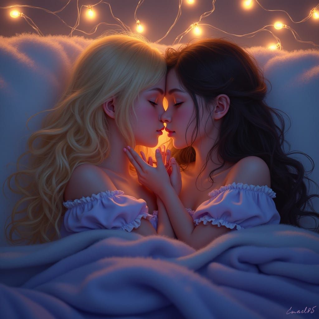 Girls in Tender Embrace under Whimsical Fairy Lights