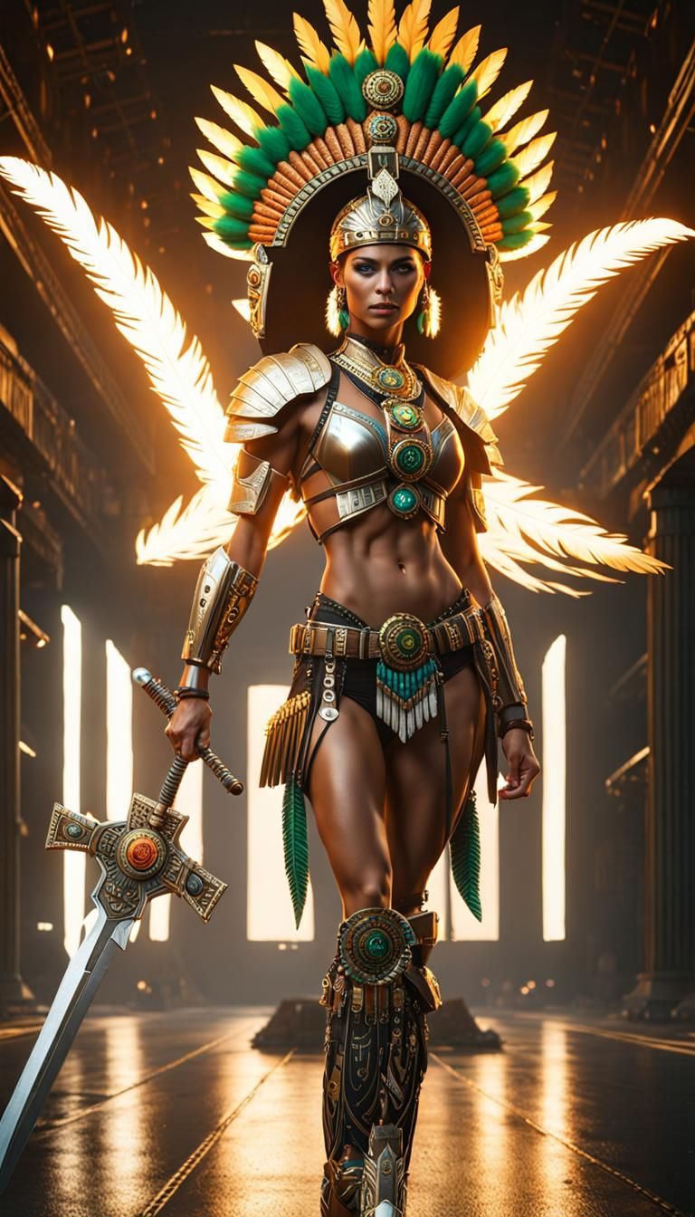 Aztec Warrior Woman in Cyberpunk Servo-Armor