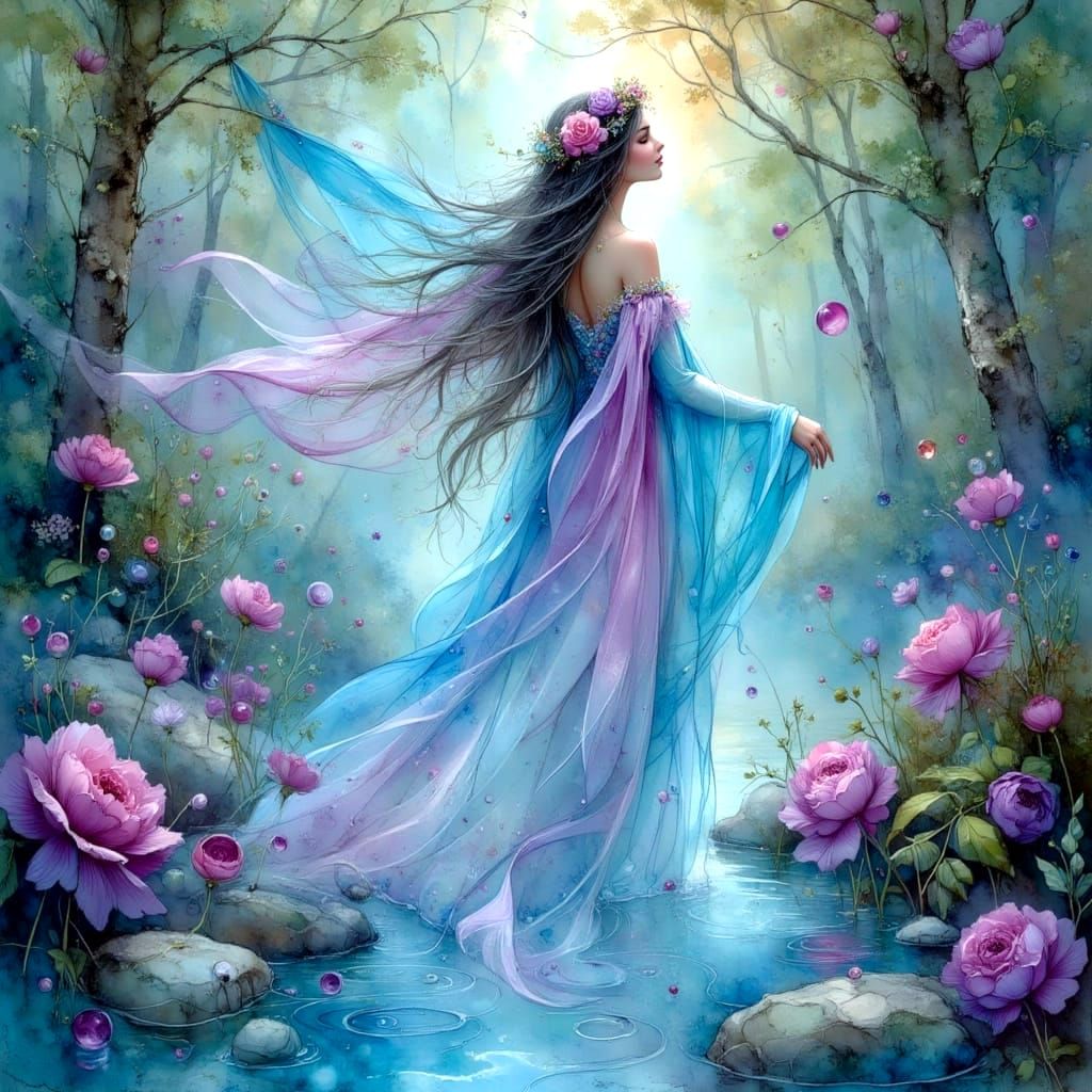 Art Nouveau Lady of the Lake in Iridescent Bubbles