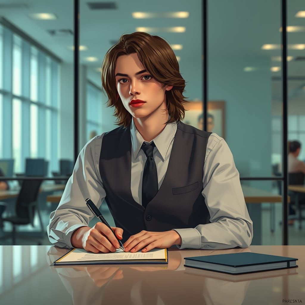 Young Man in Feminine Clothing in Corporate Setting