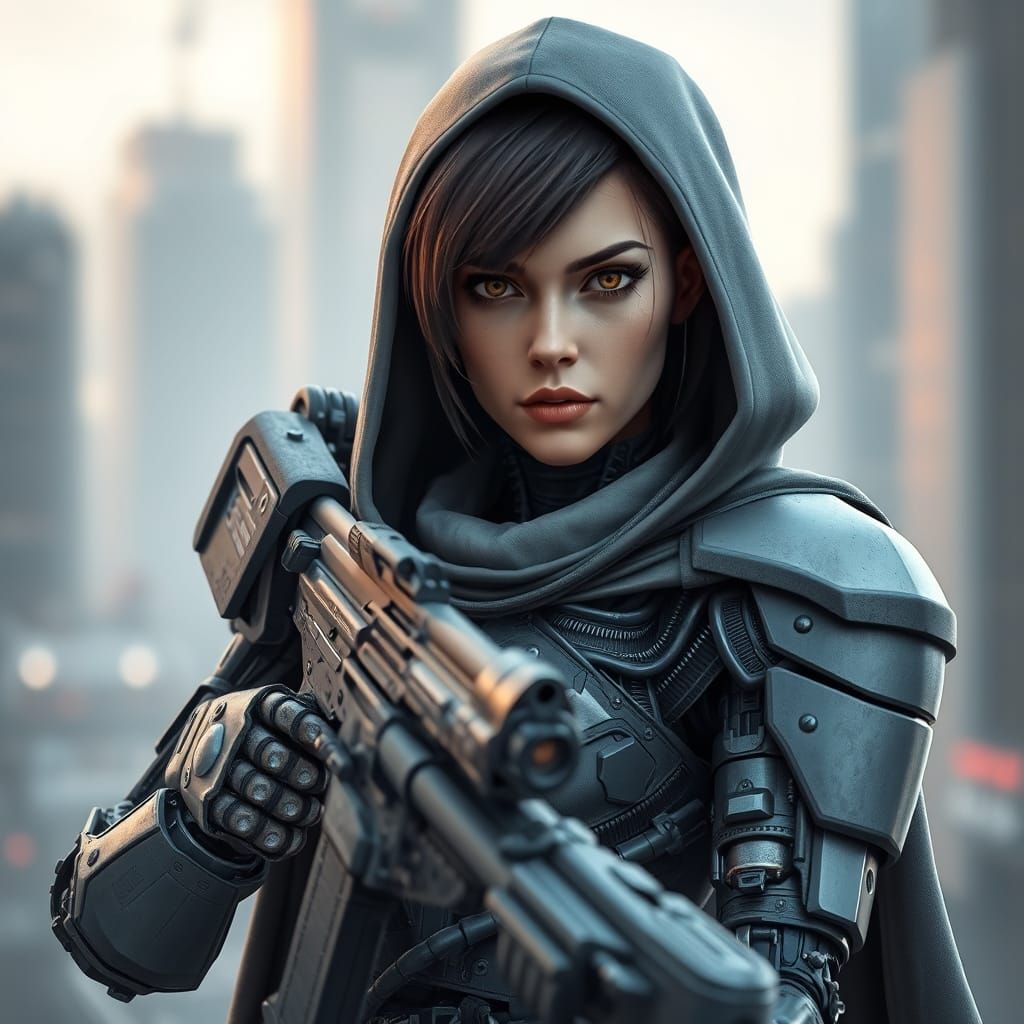 Cyborg Soldier in Futuristic Grey Armor, Holding High-Tech R...