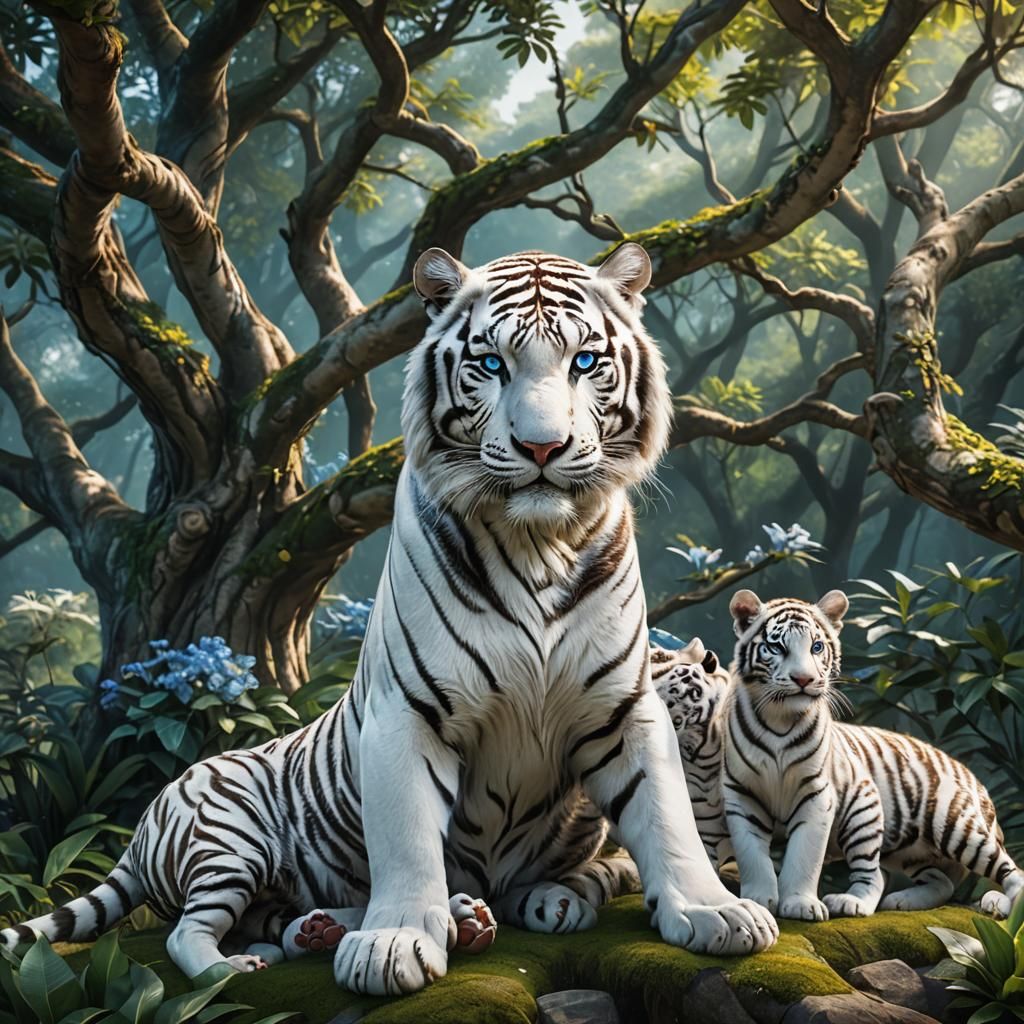 White Tiger Family in a Fantastical Landscape
