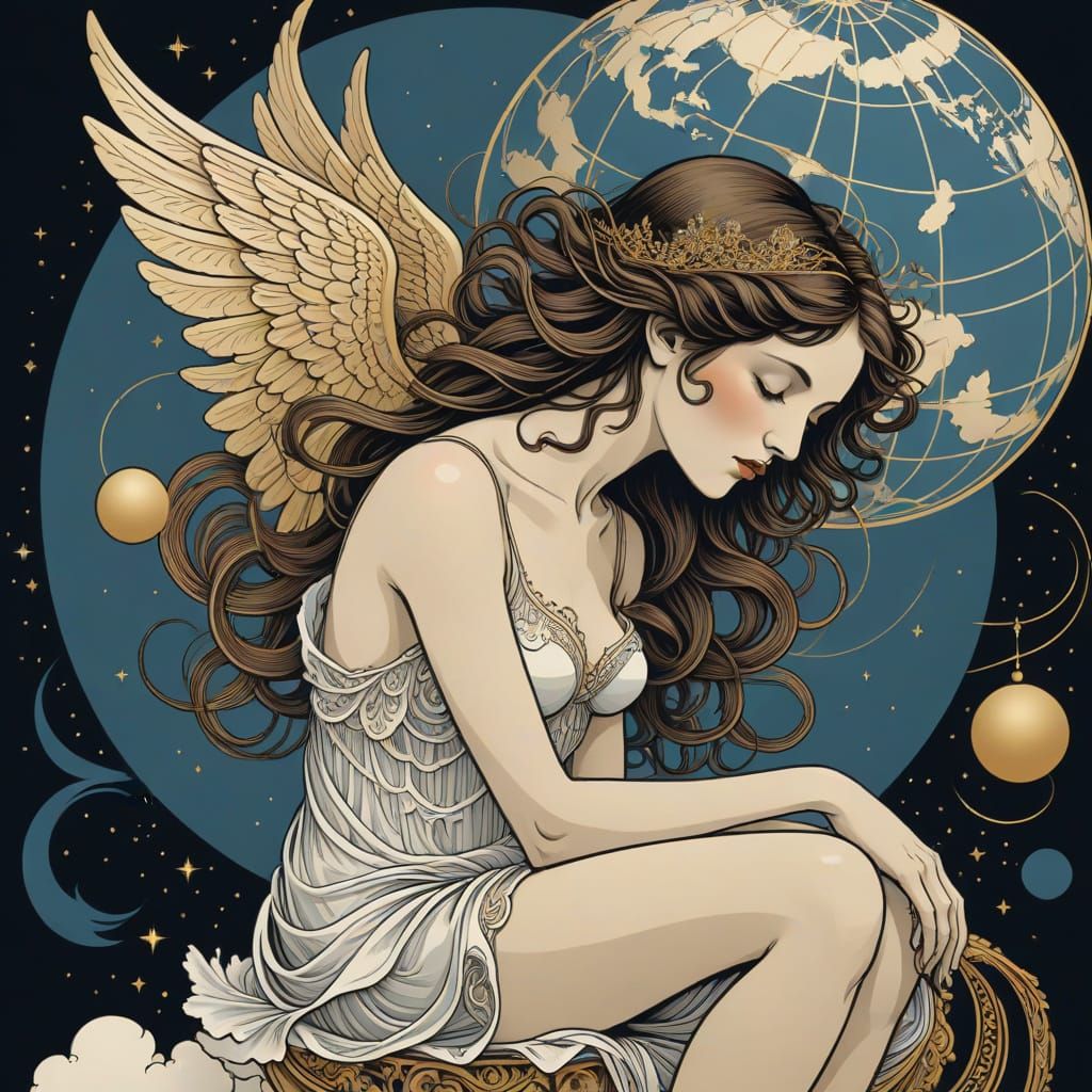 Whimsical Angel Contemplates Humanity in Elegant Line Art