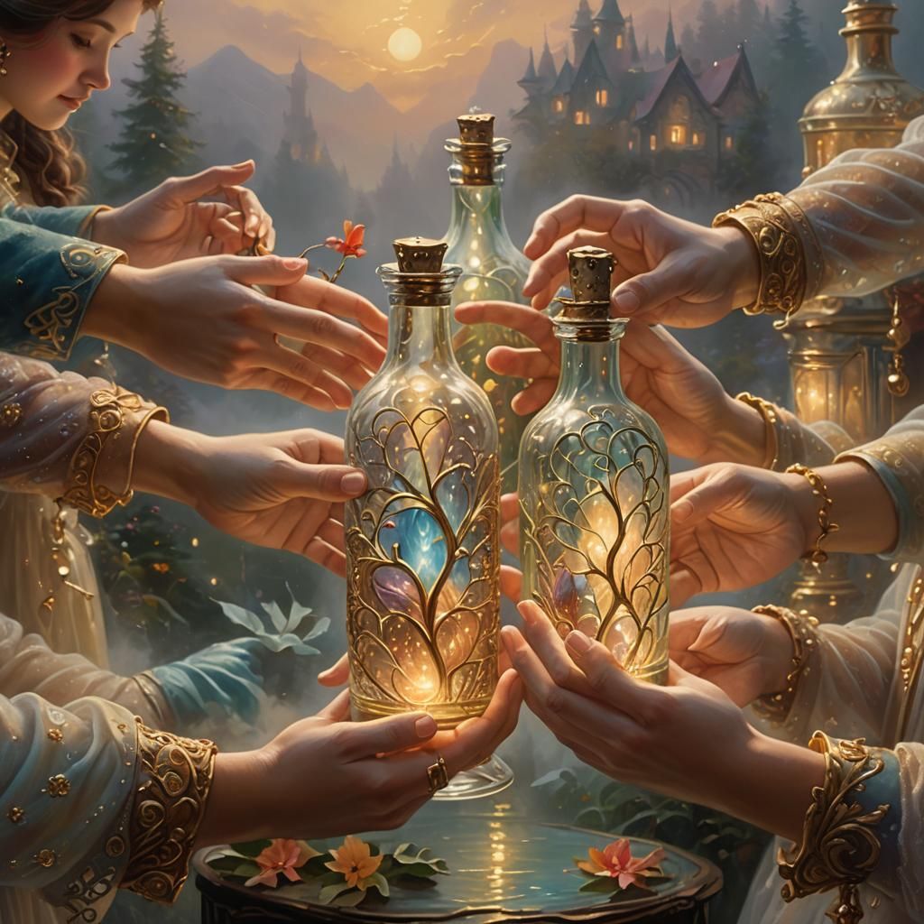 Glowing Hands Hold Ethereal Bottle, Kinkade Style