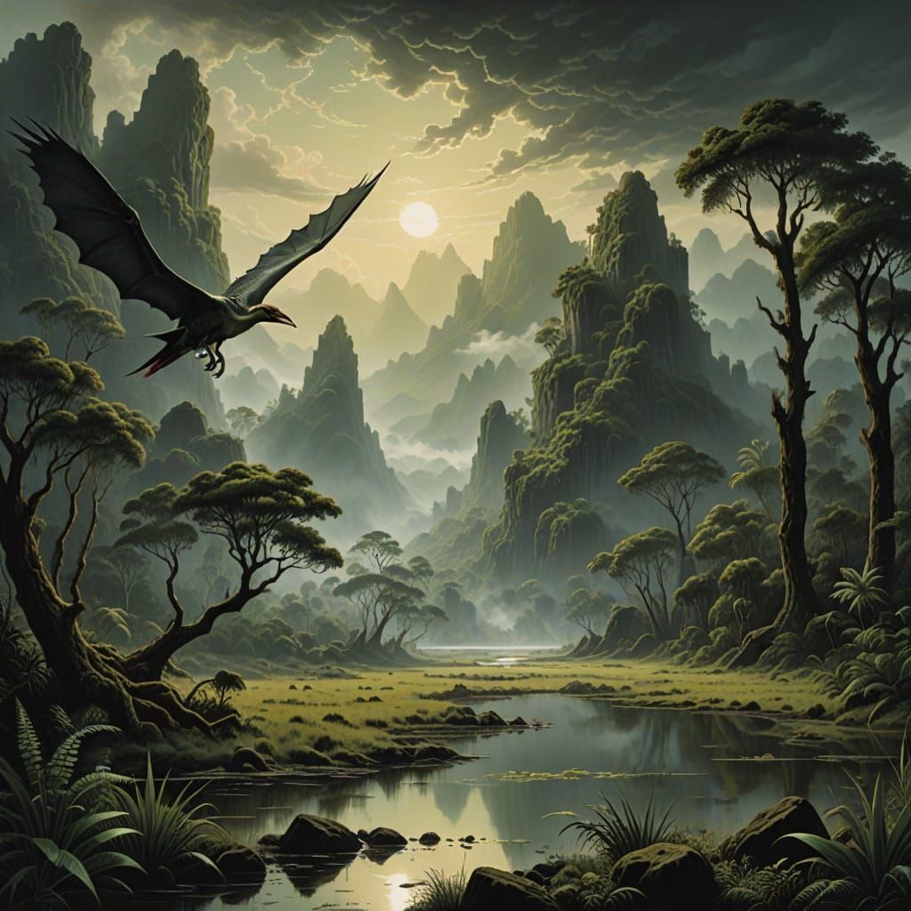Pterodactyl Soaring Over Prehistoric Swamp, Romantic Style