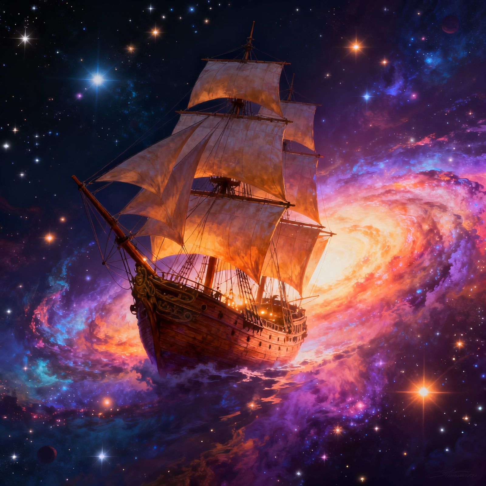 Vintage Ship Sails Through Cosmic Nebula in Digital Matte St...