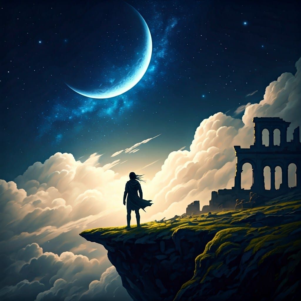 Lone Figure Under Indigo Sky in Digital Art Style
